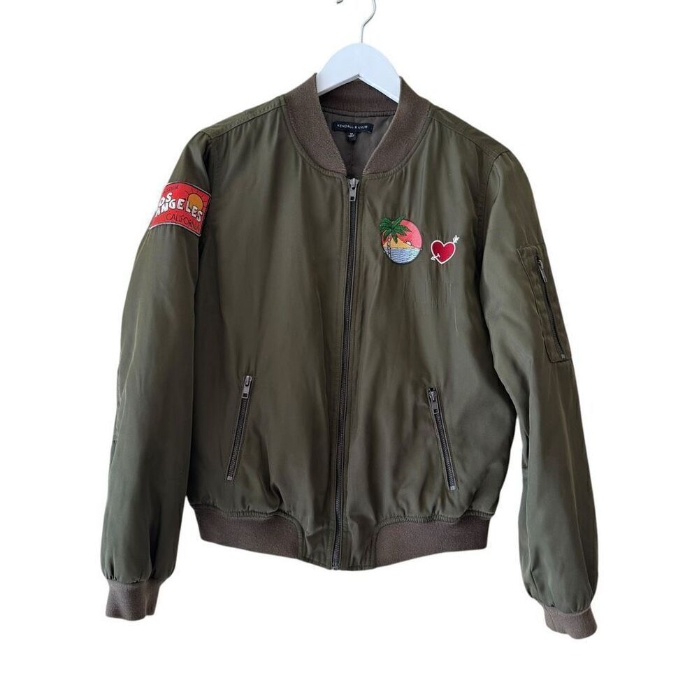 Kendall & Kylie Bomber Jacket Khaki Green Babe Patches Zip Front Women's SZ M